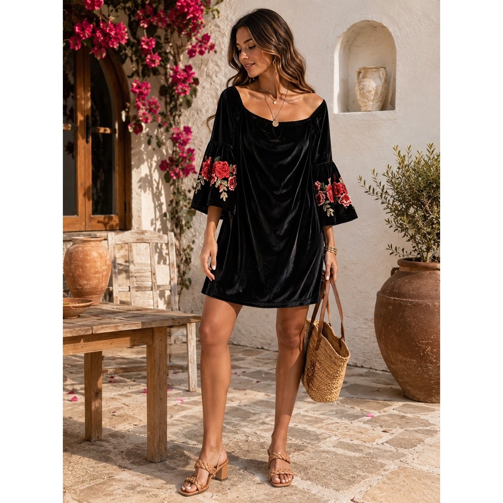 Black Velvet Off The Shoulder Mini Dress Floral Embroidered Bell Sleeve Shift